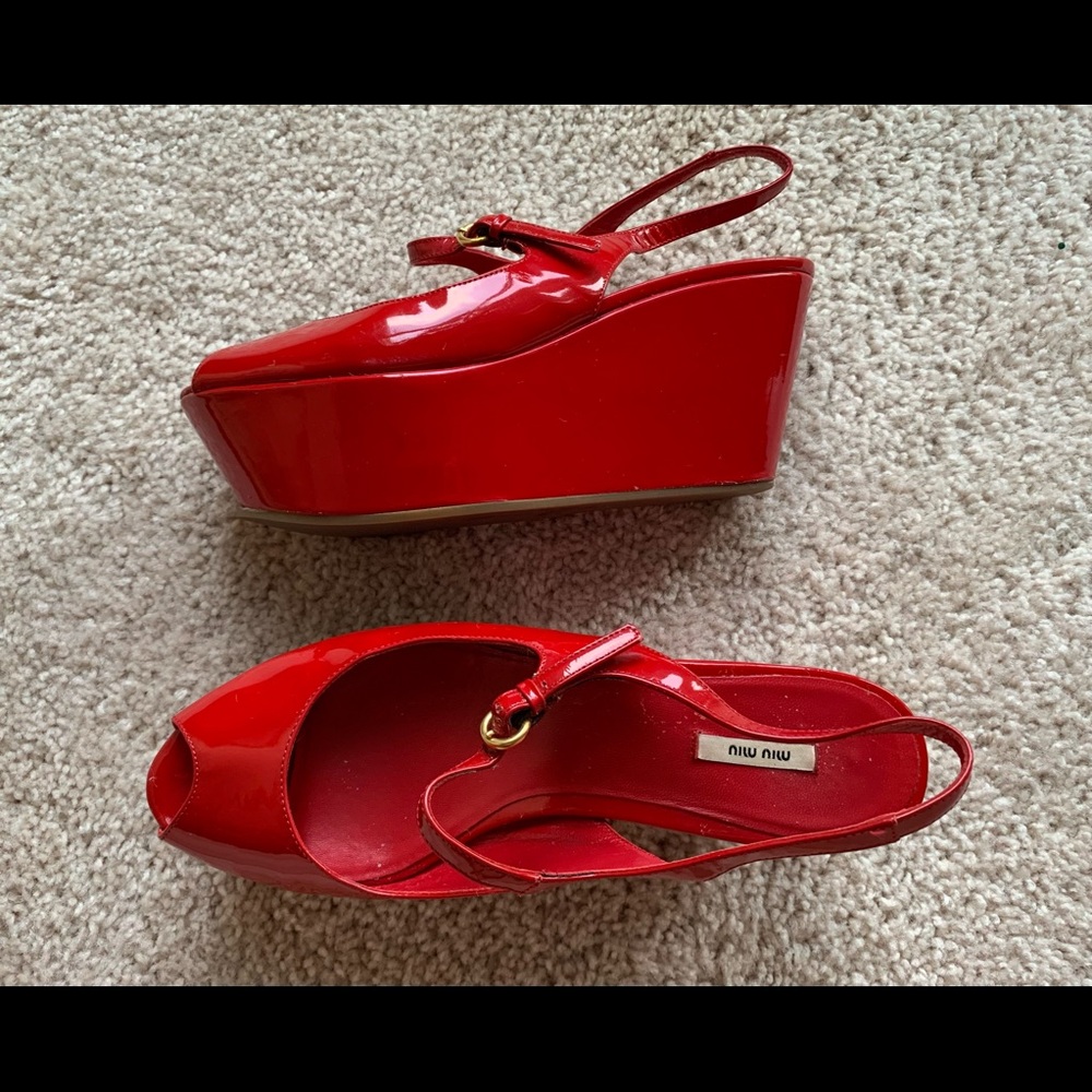 Miu Miu platform flatform red patent leather wedge